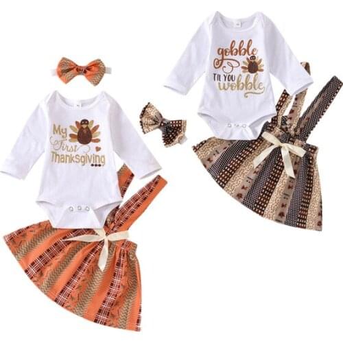 2Pcs Kids Toddler Baby Girl Thanksgiving Outfits Long Sleeve Ruffled Tops Turkey Dot Polka Strap Tutu Skirt Clothes Set