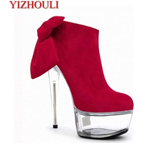 6 inch Platform side zipper fashion boot women top bows suede sexy 15cm ultra high heels short boots Crystal shoes