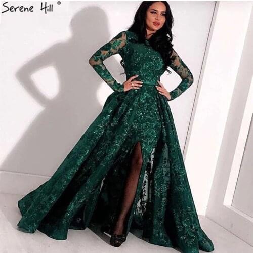 Muslim Luxury Long Sleeve Green Evening Dresses 2020 Mermaid Sparkle High Neck Evening Gowns Design LA60755