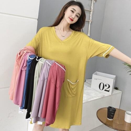 Sleepwear Cotton Women Short Sleeve V Neck Modal Nightdress Loose Fluffy Sleepshirts Pink Sweet Sleep Dress Nightgowns Pocket