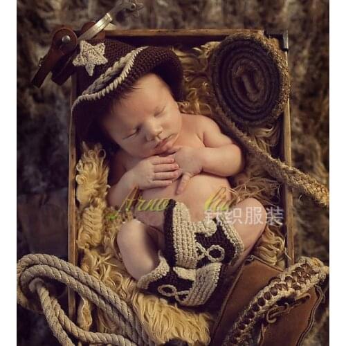 New Baby Crochet Knit Jazz cap and Shoes Set Newborn Photography Props Baby Gentleman cap and Shoes 2pcs/set