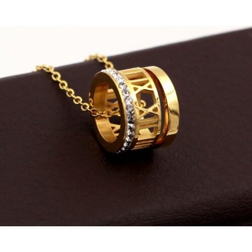 Three Circles Glossy and Roman Numerals and Zircon Pendant Necklace Titanium Steel Gold Color Women Love Gift Jewels