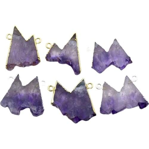 Natural Purple Quartz Amethyst Mountain Shape Slice Pendant Double Hoops Connector Gold Silver Color Plated Amethyst Charm Women