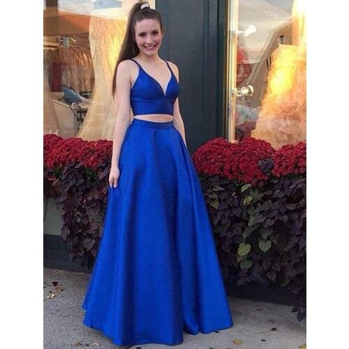 Womens 2020 Two Piece Prom Dresses Long V Neck Satin Formal Party Dress платья для выпускного vestidos de fiesta robe