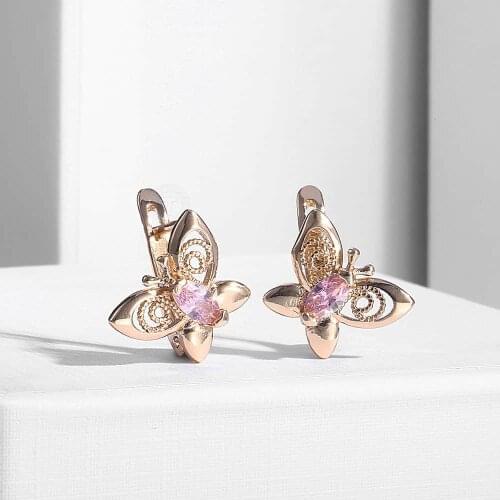 Davieslee Womens Earrings Butterfly Pink CZ Lady Rose Gold Filled GF Snap Closure Oval Cubic Zirconia Best Birthday Gift DGE67