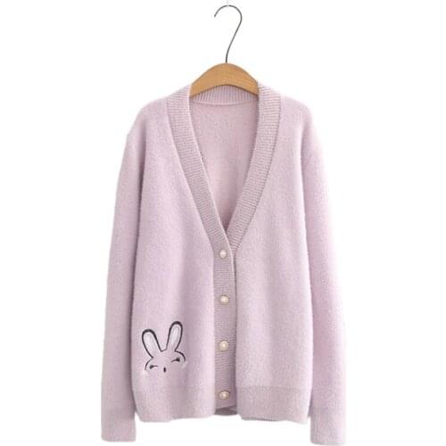 Womens Cardigan Cartoon Rabbit Embroidery Casual Knitted Sweaters Female Long Sleeve V Neck Single Breasted Preppy Ladies Tops
