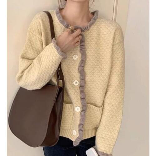Korean petal lace cotton cashmere knitted cardigan autumn Mori Vintage sweater color matching loose cream coat women
