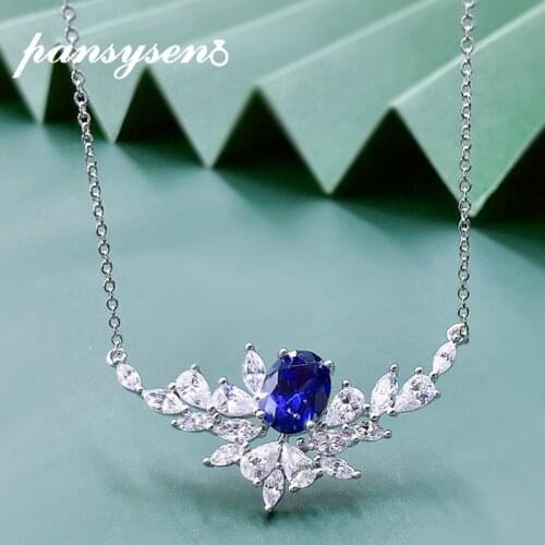PANSYSEN 100% 925 Sterling Silver Pear Cut Bule Sapphire Simulated Moissanite Pendant Necklace for Women Wedding Fine Jewelry