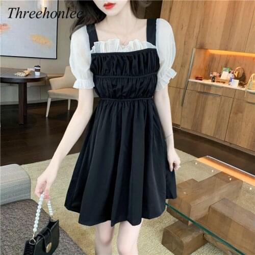 High Quality Korean Women Dress New Summer Vintage Petal Sleeve Square Collar Chiffon Patchwork Temperament Dresses Vestidos