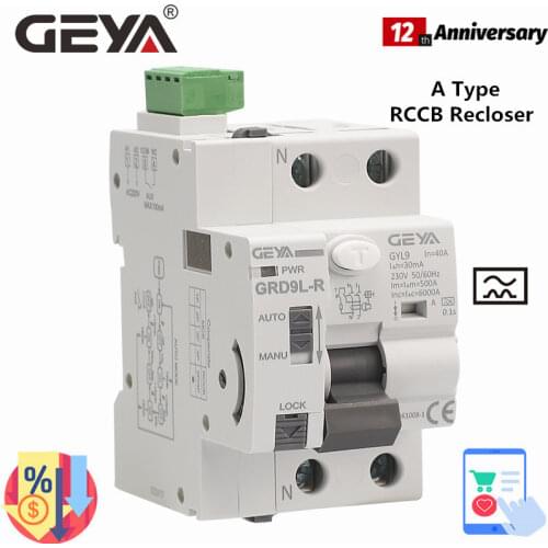 GEYA Type A RCD Auto Recloser Modular Circuit Breaker 40A 63A 30mA 100mA 300mA Safety Switch 220V