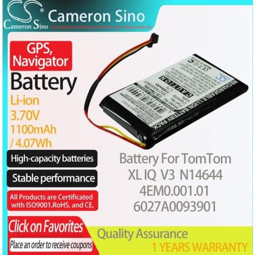 CameronSino Battery for TomTom XL IQ V3 4EM0.001.01 N14644 fits TomTom 6027A0093901 GPS,Navigator battery 1100mAh 3.70V Li-ion
