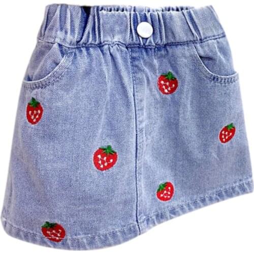 2021 New Fashion Toddler Kids Blue Denim Mini Skirt Short Jeans For Girls Child Summer Cute Strawberry Embroidered Denim Skirt