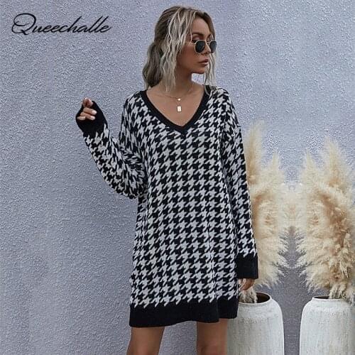 Houndstooth Jumper Sweater Women Autumn Winter 2021 New Fashion Casual Knitted Pullovers Long Sweater Tops for Women Black