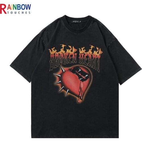 Rainbowtouches Summer Wash Short Sleeve Black T-Shirt Letter And Heart Printing Youth Street T-Shirt