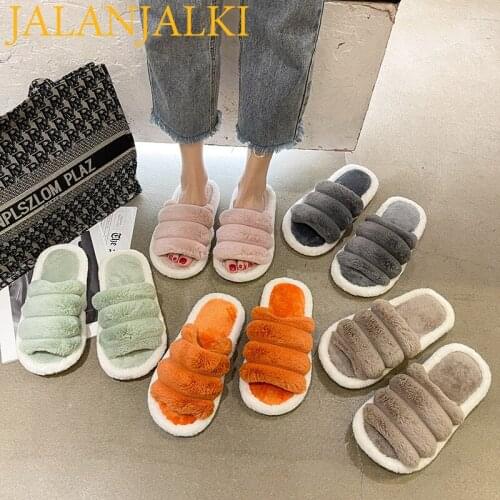 JALANJALKI Spring Women Slippers Indoor Non-slip Bedroom Warm Fur Ladies Shoes Soft Plush Casual Femal Slides Men Home Slippers