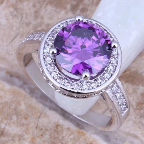 Classic Purple Cubic Zirconia White CZ Silver Plated Ring Size 7 / 8 / 9 E430