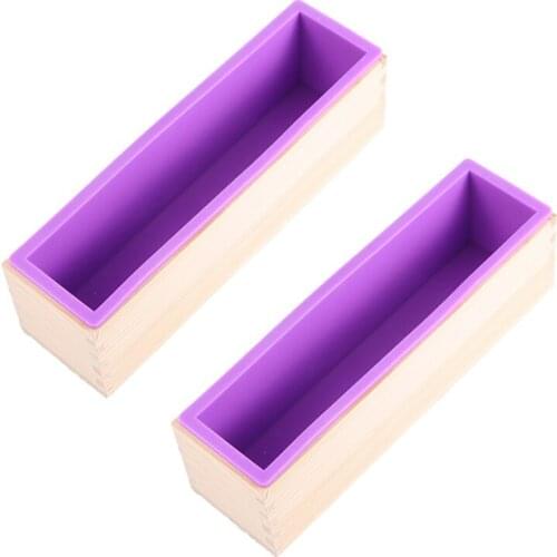 2-Piece Silicone Soap Mold Kit Rectangular Soap Silicone Mold with Wooden Box, DIY Soap Making Tool-Purple 1200Ml
