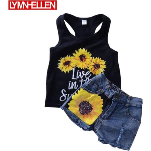 Summer New Baby Girl Sets Clothes Outfit Chrysanthemum Vest + Denim Pants Jeans Infant Toddler Clothing Roupa Infantil