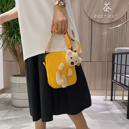 Ins fashion canvas bag student girl cute plush bear doll solid color Korean lady messenger small square bag