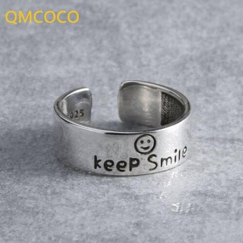 QMCOCO 2021 New Style 925 Sterling Silver Punk Jewelry Ring For Women Keep Smile Open Adjustable Rings Fashion Ring Party Gifts