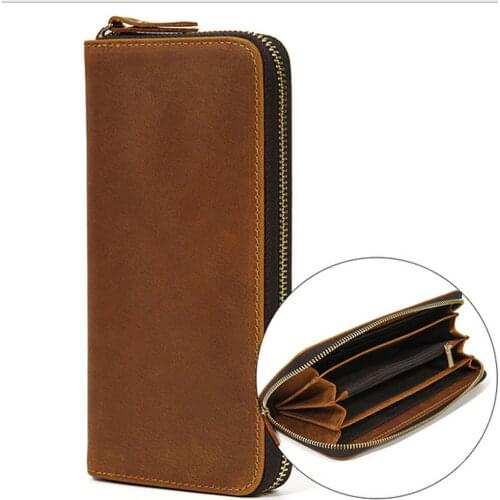 New Men Wallets Long Style High Quality Card Holder Male Purse Zipper Large Capacity Crazy Horse Cowhide Wallet For Men