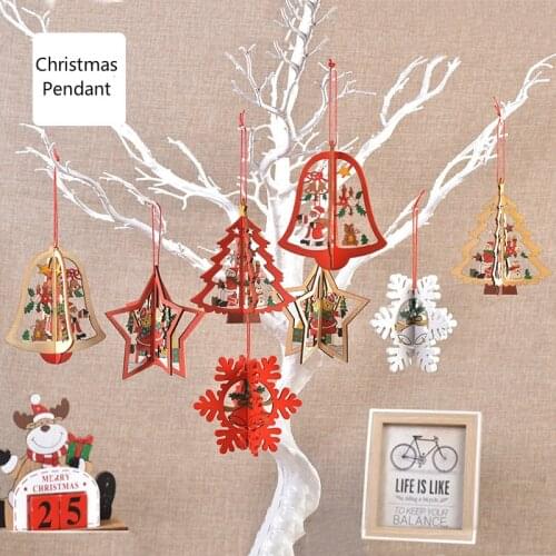 Christmas Decorations Wooden Laser Hollow Three-dimensional Snowflake Ornaments Christmas Tree Bells Pendant Gifts