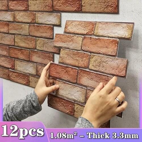 12Pcs 3D Brick Wall Sticker Self-Adhesive Waterproof PVC Wall Paper for Bathroom Oil-Proof Kitchen Stickers DIY Home