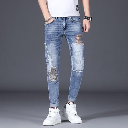 Streetwear Fashion Men Jeans Retro Light Blue Slim Fit Elastic Ripped Jeans For Men Patches Designer Hip Hop Denim Punk Pants