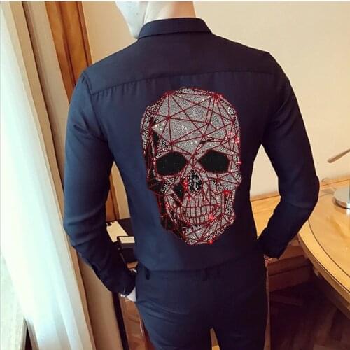 Spring Mens Black Casual Dress Homme Rhinestone Skull Design Long Sleeve Shirt Suitable for Male Fall White Blouse M To 4XL