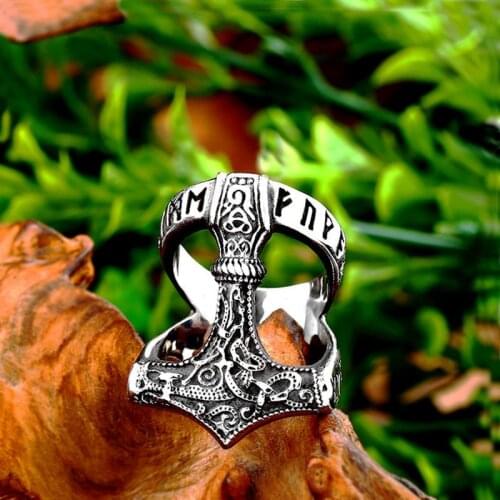 Vintage Viking Thors Hammer Ring Mens Nordic Stainless Steel Odin Rune Ring Jewelry Amulet Gift
