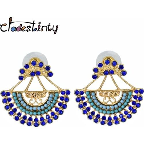 Chadestinty Bohemia Earrings Geometric Fan Shape Crystal Stud Earrings Front Back Seed Bead Ear Studs Vintage Jewelry Resin