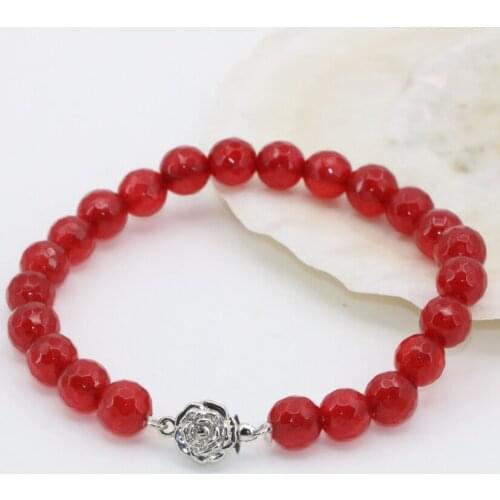 Top quality new 8mm red faceted round beads bracelets natural stone jades chalcedony original design bangle jewelry 8inch B2711