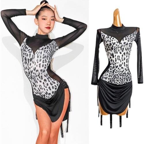 Girls Tassel Latin Dance Dress Performance Stage Costume Long Sleeve Mesh Stitching Leopard ChaCha Tango Competition Wear 3923
