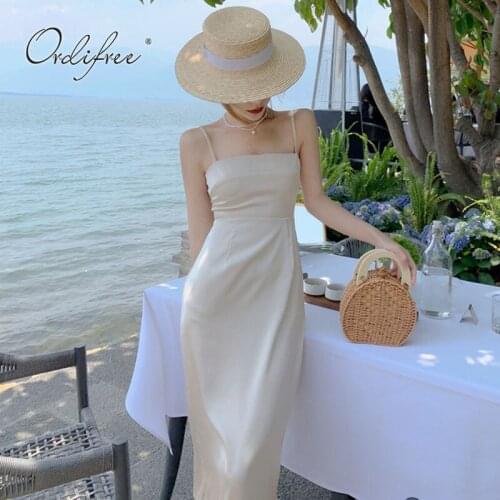 Ordifree 2021 Summer Women Midi Dress Sexy Backless Lace Up Spaghetti Strap Vintage Satin Party Dress