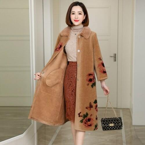 Winter Coat Women Sheep Shearling Real Fur Coat Female Mink Fur Collar Wool Coats Print Long Jacket Manteau Femme MY4261