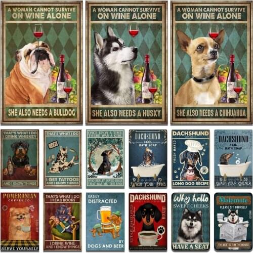 Tin Signs Bulldog Husky Chihuahua Dachshund Dogs Portrait Retro Metal Posters Wall Decor Puppy Bath Time Vintage Iron Paintings