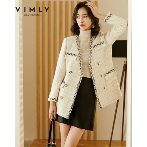 Vimly Winter Womens Woolen Coat Fashion Double Breasted V Neck Elegant Work Wear Autumn Clothes Female Jacket F3009