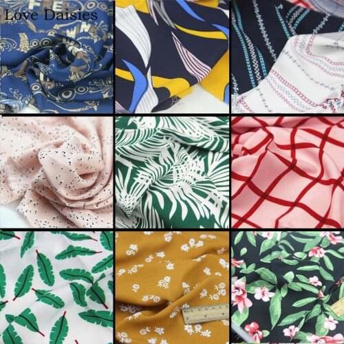 100% Rayon Mustard Yellow Blue White Pink Leave Check Stripe Small Flower Fabric Thin Cool for Summer Shirt Home Clothes Dress