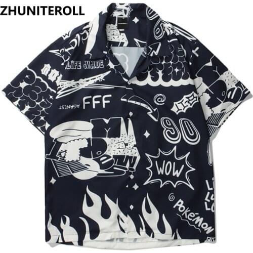 2021 Beach Shirts Graffiti Flame Print Hip Hop Button Harajuku Shirt Mens Fashion Casual Short Sleeve Holiday Party Blouse Tops