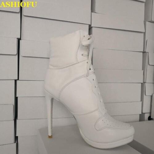 ASHIOFU New Real Pictures Ladies High Heel Boots Lace-up Platform Ankle Boots Sports-style Office Daily Wear Sexy Fashion Boots