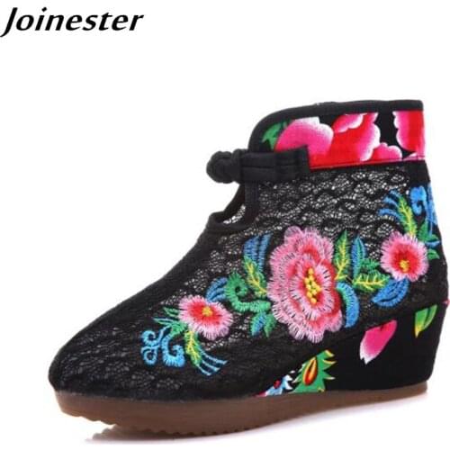Spring Mesh Ethnic Ankle Boots for Ladies Floral Embroidered Summer Women Skirt Wedges Shoes Girls Vintage Button Short Booties
