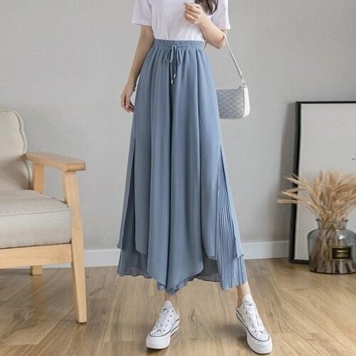Double-Layer Chiffon Ankle-Length Pants Women Summer Fashion Wide Leg Pants High Waist Thin Solid Color Female Skirt Pants