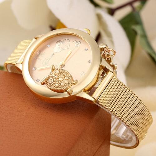 2020 New Fashion Women Watches Luxury Crystal Gold Pendants Owl Watches Mesh Band Quartz Wristwatch Ladies Watches Cheap Price