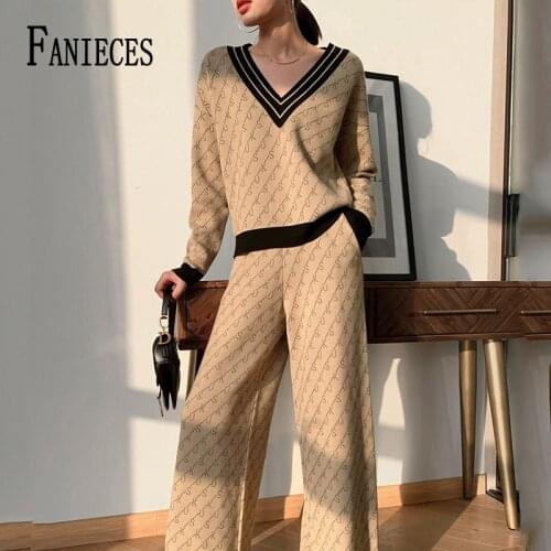 FANIECES Autumn Letter Print Sweater Two Pieces Set For Women V Neck Knitted Pullover Top And Wide Leg Pants Casual Loose Outfit