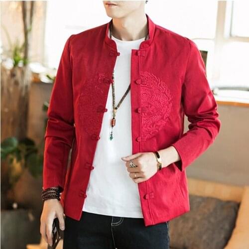 Chinese Dragon Shirt Embroidery Linen Jacket Men 2021 Japanese Streetwear Men Jacket Frog Button Mandarin Collar Shirt Men 30287