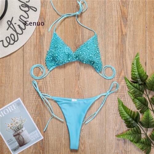 Sexy Pearl Bikini Women 2021 Deep V Swimsuit Female Swimwear Thong Push Up Bikini Set Low Waist Bathing Suits Summer Beach Wear