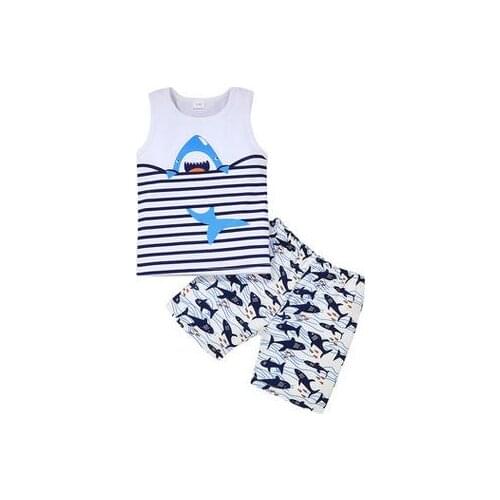 Boys Clothes Set Striped/Shark/Crab Print Sleeveless O-neck Vest + Short Pants for Summer