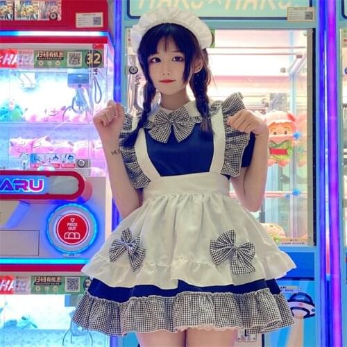 Adult Women Maid Cosplay Costume Japanese Kawaii Anime Lolita Bow Maid Apron Uniform Carnival Party Navy Blue Dress For Girls