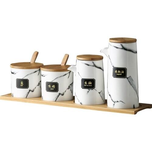 Kitchen seasoning tools ceramic seasoning jar set marble pattern cruet bamboo tray kitchen supplies seasoning box salt shaker