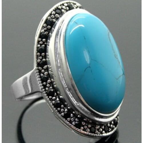 Fashion jewelry Free Shipping 17X30mm Blue Turquoises Oval Gems 925 Sterling Silver Marcasite Ring